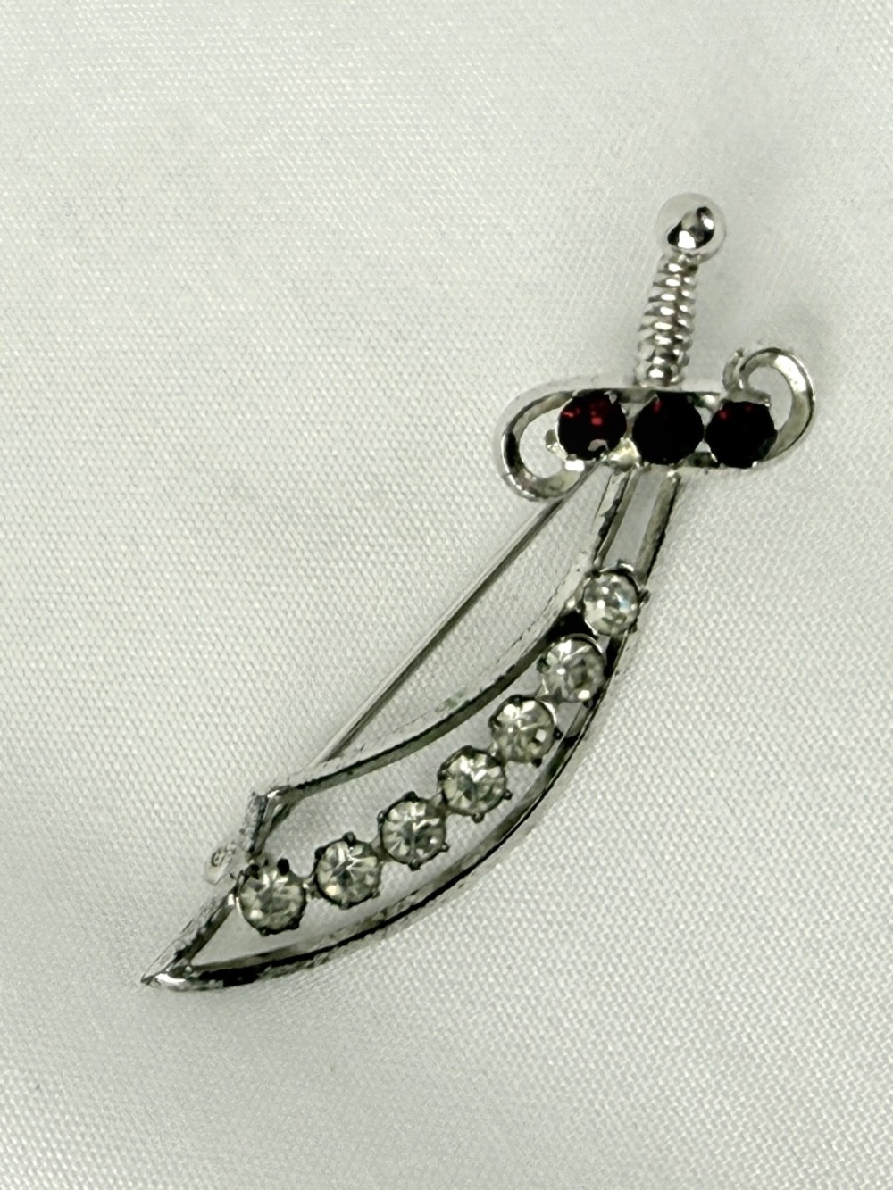 1950s Carl Art Sterling Silver Brooch Sword Pin Red and Clear Prong Rhinestones